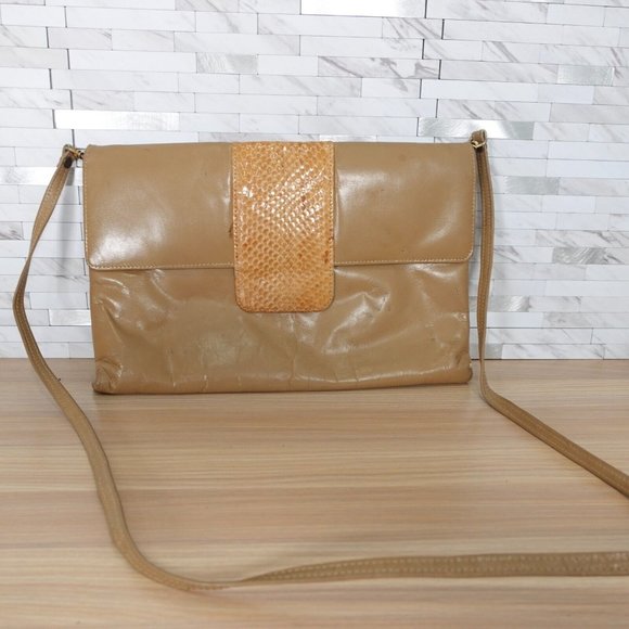 VINTAGE Leather Bag Beige Crossbody Snakeskin Sling Neutral Medium Purse Boho 90 - Picture 1 of 16